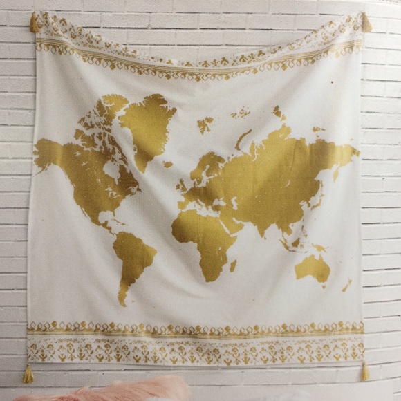 Gold World Map Tapestry with Tassels - Picture 1 of 5